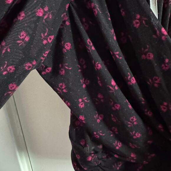 Free People Fixed Wrap Floral Cropped Top Black Mesh Ruched Long Sleeve Sz S - Picture 4 of 7